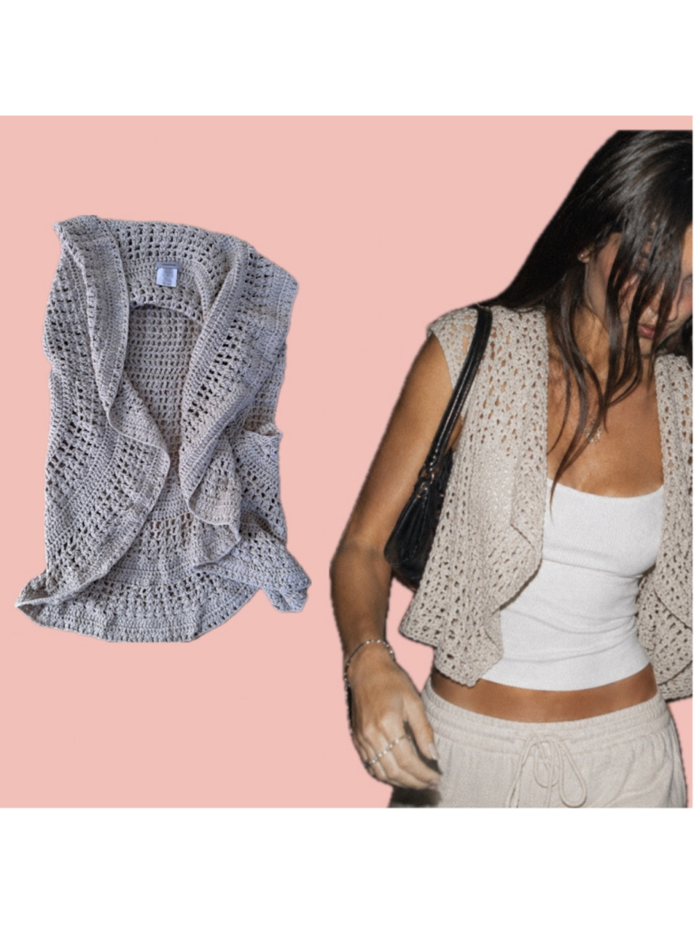 Tristan Crochet Ruffle Open Shrug Cardigan Beige Cotton Boho Festival Size L
